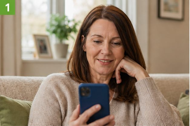 Customer looking at her phone on the sofa, commenting on a Facebook post